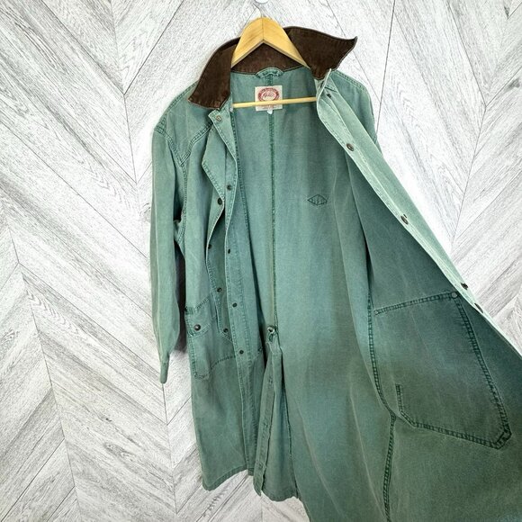 Vintage Australian Outback Mens Large Canvas Cotton Duster Coat Jacket Green - Picture 11 of 11